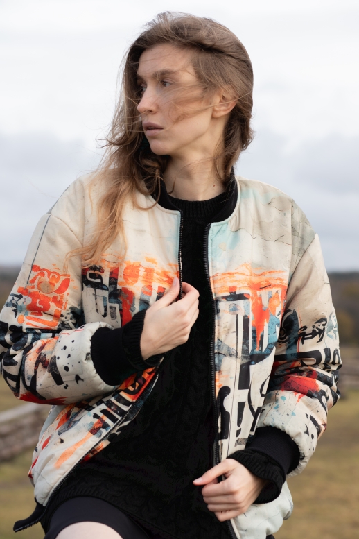 Бомбер из водоотталкивающей ткани с принтом OVERSIZE LZ, черный/ принт