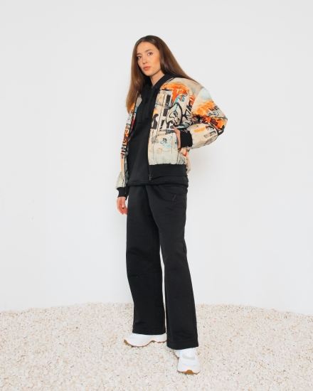 Бомбер из водоотталкивающей ткани с принтом OVERSIZE LZ, черный/ принт