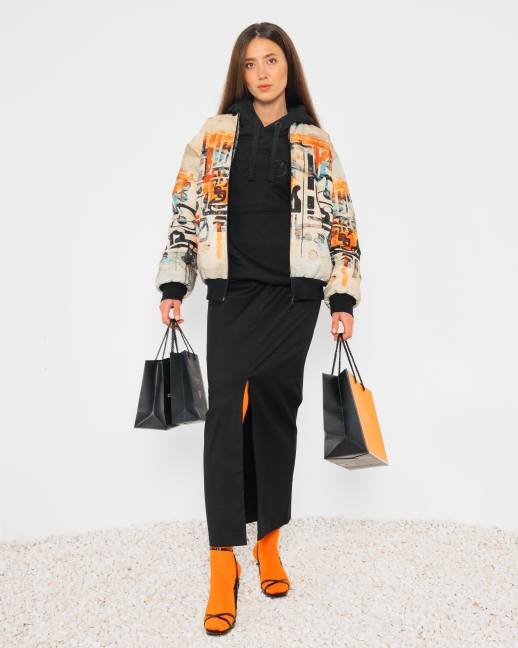 Бомбер из водоотталкивающей ткани с принтом OVERSIZE LZ, черный/ принт