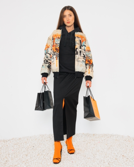 Бомбер из водоотталкивающей ткани с принтом OVERSIZE LZ, черный/ принт