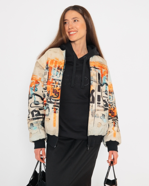 Бомбер из водоотталкивающей ткани с принтом OVERSIZE LZ, черный/ принт